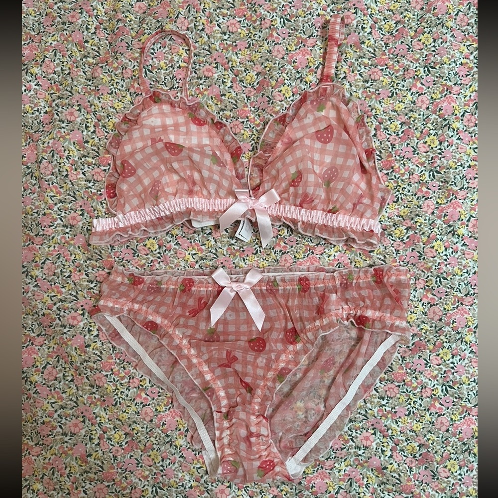 pink gingham strawberry bow coquette lingerie set